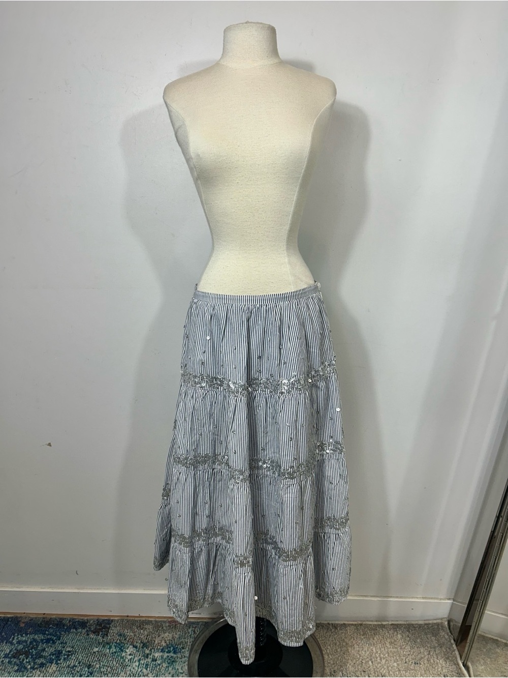 Rose and Rose Striped Sequin Tiered Maxi Skirt Blue White Cotton Boho Size XS - Picture 4 of 9